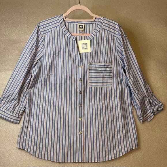 Anne Klein Button Down Shirt Women's Large Blue White Stripe Collared Business - Picture 6 of 6